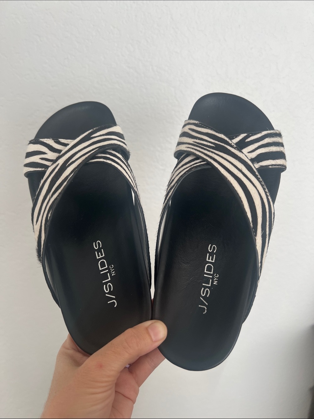 J/SLIDES Black and White Zebra Crisscross Slide Sandals